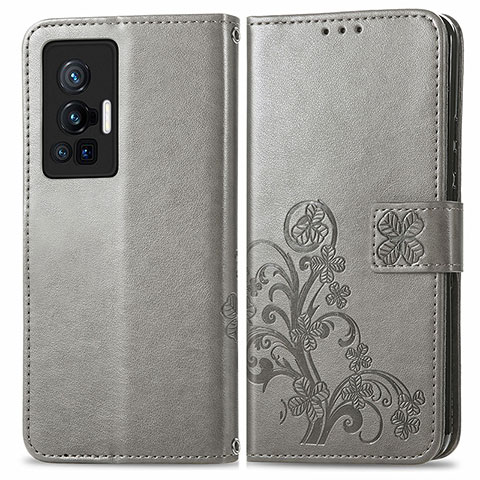 Funda de Cuero Cartera con Soporte Flores Carcasa para Vivo X70 Pro 5G Gris