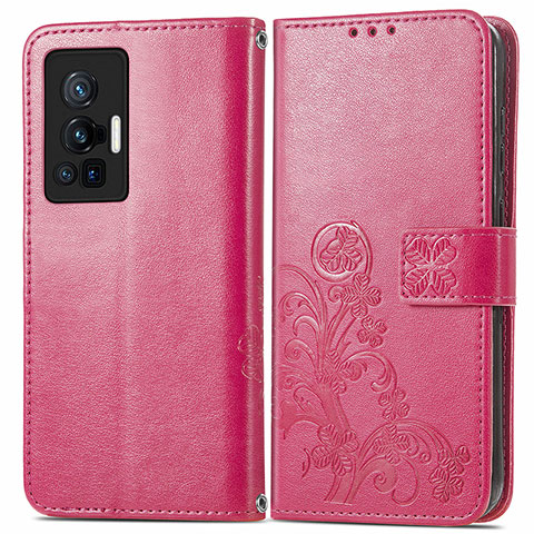 Funda de Cuero Cartera con Soporte Flores Carcasa para Vivo X70 Pro 5G Rojo