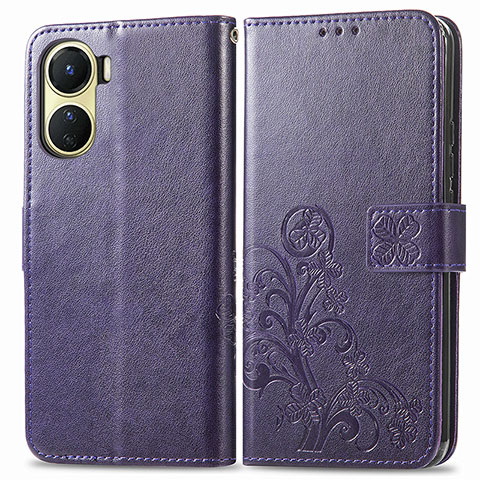 Funda de Cuero Cartera con Soporte Flores Carcasa para Vivo Y02S Morado