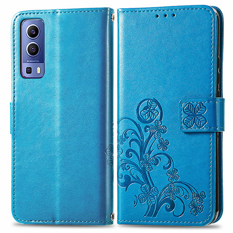 Funda de Cuero Cartera con Soporte Flores Carcasa para Vivo Y52 5G Azul