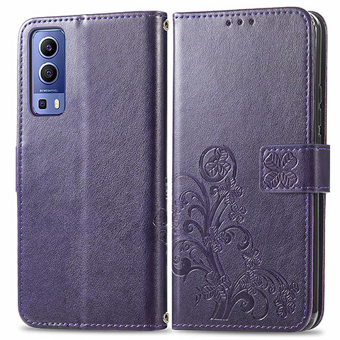 Funda de Cuero Cartera con Soporte Flores Carcasa para Vivo Y75s 5G Morado