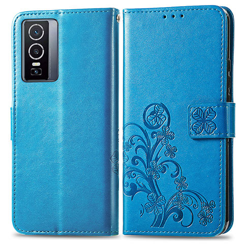 Funda de Cuero Cartera con Soporte Flores Carcasa para Vivo Y76 5G Azul