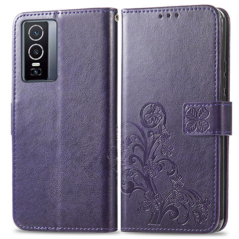 Funda de Cuero Cartera con Soporte Flores Carcasa para Vivo Y76 5G Morado