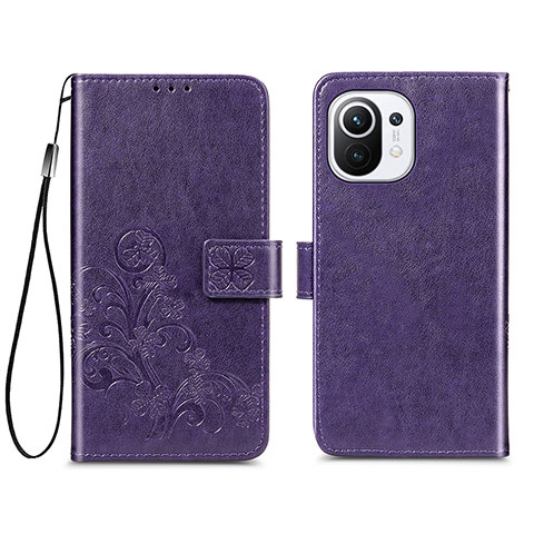 Funda de Cuero Cartera con Soporte Flores Carcasa para Xiaomi Mi 11 5G Morado