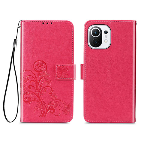 Funda de Cuero Cartera con Soporte Flores Carcasa para Xiaomi Mi 11 Lite 4G Rojo