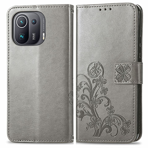 Funda de Cuero Cartera con Soporte Flores Carcasa para Xiaomi Mi 11 Pro 5G Gris