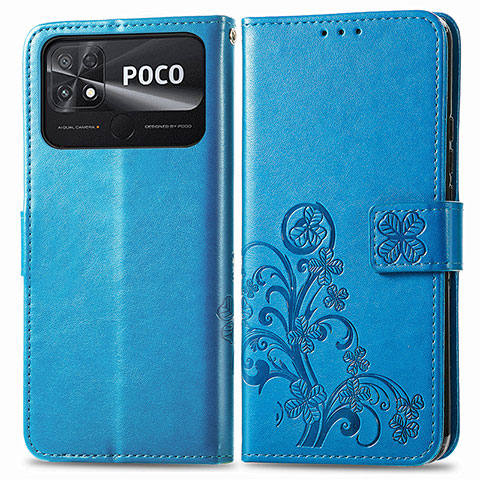 Funda de Cuero Cartera con Soporte Flores Carcasa para Xiaomi Poco C40 Azul