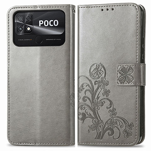 Funda de Cuero Cartera con Soporte Flores Carcasa para Xiaomi Poco C40 Gris