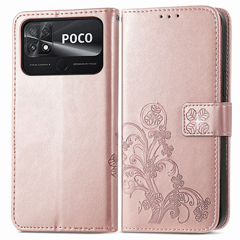 Funda de Cuero Cartera con Soporte Flores Carcasa para Xiaomi Poco C40 Rosa