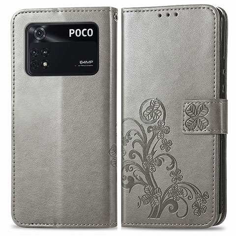 Funda de Cuero Cartera con Soporte Flores Carcasa para Xiaomi Poco M4 Pro 4G Gris