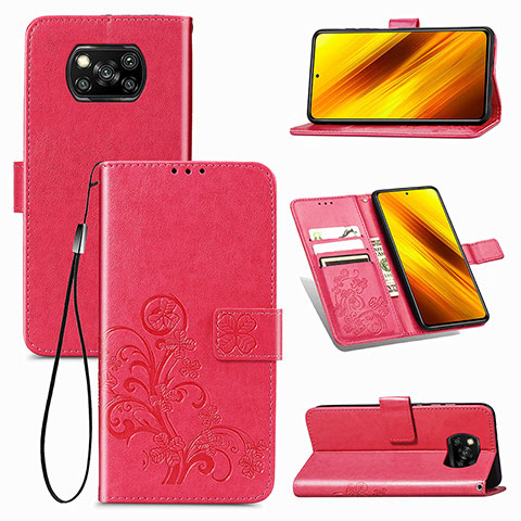 Funda de Cuero Cartera con Soporte Flores Carcasa para Xiaomi Poco X3 NFC Rojo