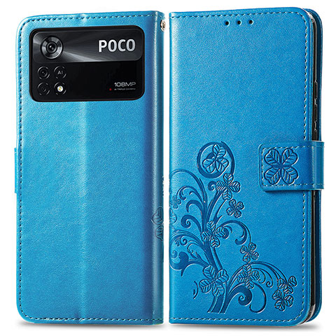 Funda de Cuero Cartera con Soporte Flores Carcasa para Xiaomi Poco X4 Pro 5G Azul