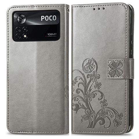 Funda de Cuero Cartera con Soporte Flores Carcasa para Xiaomi Poco X4 Pro 5G Gris