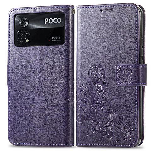 Funda de Cuero Cartera con Soporte Flores Carcasa para Xiaomi Poco X4 Pro 5G Morado