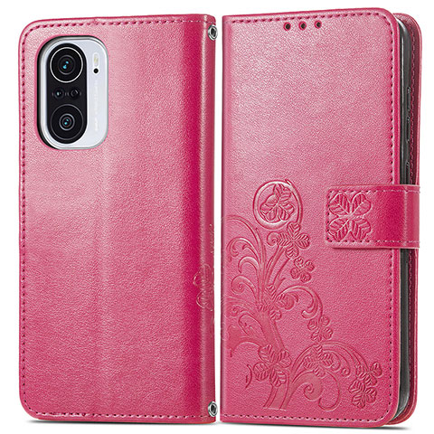 Funda de Cuero Cartera con Soporte Flores Carcasa para Xiaomi Redmi K40 5G Rojo