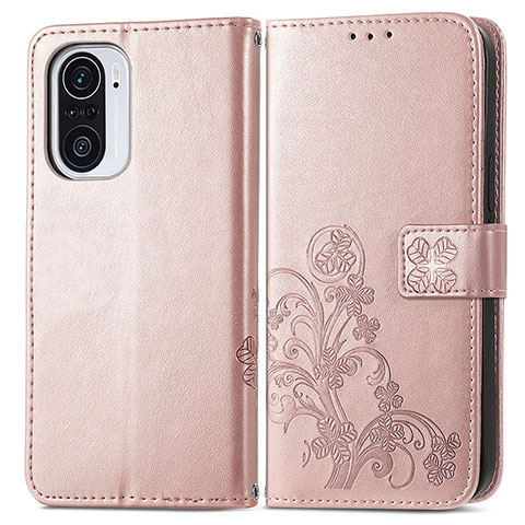 Funda de Cuero Cartera con Soporte Flores Carcasa para Xiaomi Redmi K40 Pro+ Plus 5G Rosa