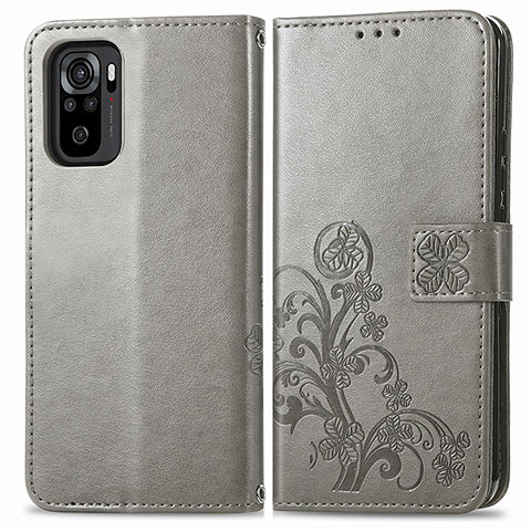 Funda de Cuero Cartera con Soporte Flores Carcasa para Xiaomi Redmi Note 10 4G Gris