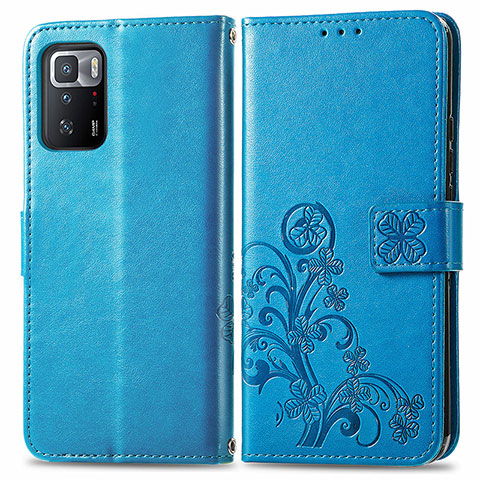 Funda de Cuero Cartera con Soporte Flores Carcasa para Xiaomi Redmi Note 10 Pro 5G Azul