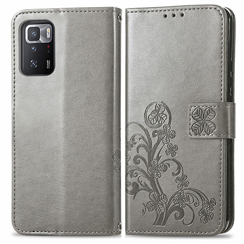 Funda de Cuero Cartera con Soporte Flores Carcasa para Xiaomi Redmi Note 10 Pro 5G Gris