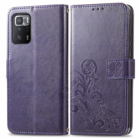 Funda de Cuero Cartera con Soporte Flores Carcasa para Xiaomi Redmi Note 10 Pro 5G Morado