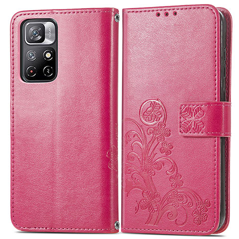 Funda de Cuero Cartera con Soporte Flores Carcasa para Xiaomi Redmi Note 11T 5G Rojo