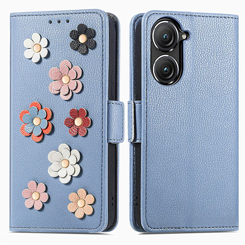 Funda de Cuero Cartera con Soporte Flores Carcasa S02D para Asus Zenfone 9 Azul