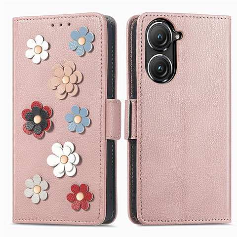 Funda de Cuero Cartera con Soporte Flores Carcasa S02D para Asus Zenfone 9 Oro Rosa