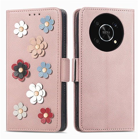 Funda de Cuero Cartera con Soporte Flores Carcasa S02D para Huawei Honor Magic4 Lite 5G Oro Rosa