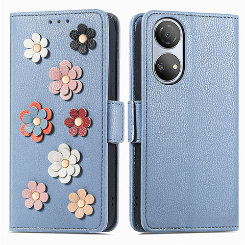 Funda de Cuero Cartera con Soporte Flores Carcasa S02D para Huawei Honor X7 Azul