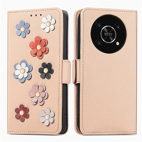 Funda de Cuero Cartera con Soporte Flores Carcasa S02D para Huawei Honor X9 5G Caqui