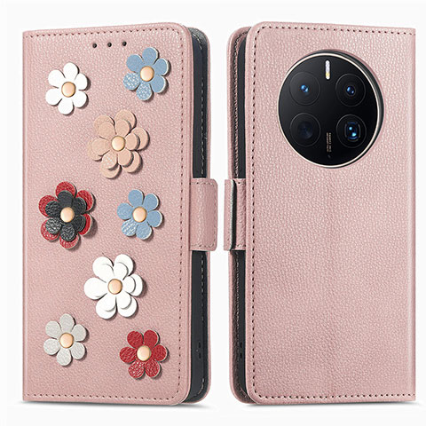 Funda de Cuero Cartera con Soporte Flores Carcasa S02D para Huawei Mate 50 Pro Oro Rosa