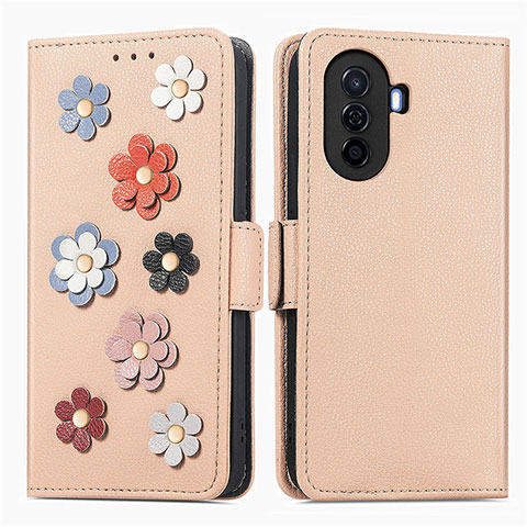 Funda de Cuero Cartera con Soporte Flores Carcasa S02D para Huawei Nova Y70 Plus Caqui