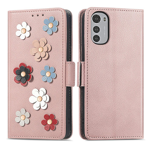 Funda de Cuero Cartera con Soporte Flores Carcasa S02D para Motorola Moto E32 Oro Rosa