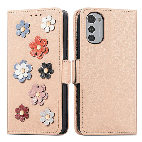 Funda de Cuero Cartera con Soporte Flores Carcasa S02D para Motorola Moto E32s Caqui