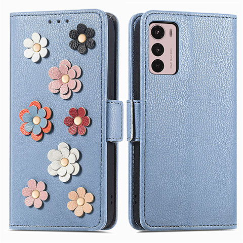 Funda de Cuero Cartera con Soporte Flores Carcasa S02D para Motorola Moto G42 Azul