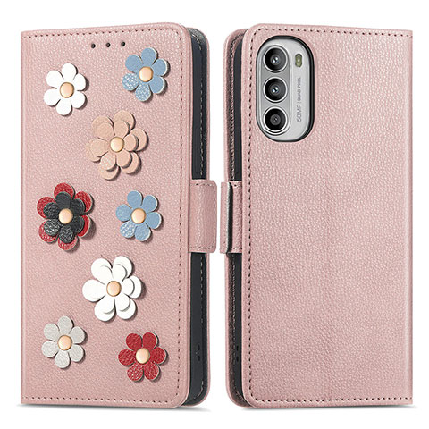 Funda de Cuero Cartera con Soporte Flores Carcasa S02D para Motorola MOTO G52 Oro Rosa