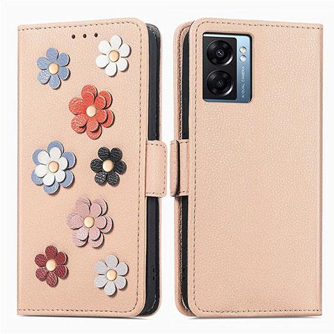 Funda de Cuero Cartera con Soporte Flores Carcasa S02D para Oppo A56S 5G Caqui