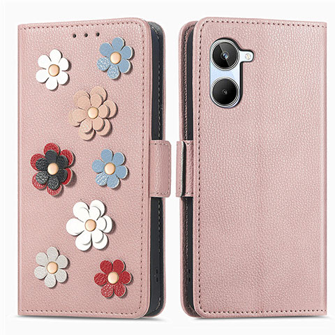 Funda de Cuero Cartera con Soporte Flores Carcasa S02D para Realme 10 4G Oro Rosa