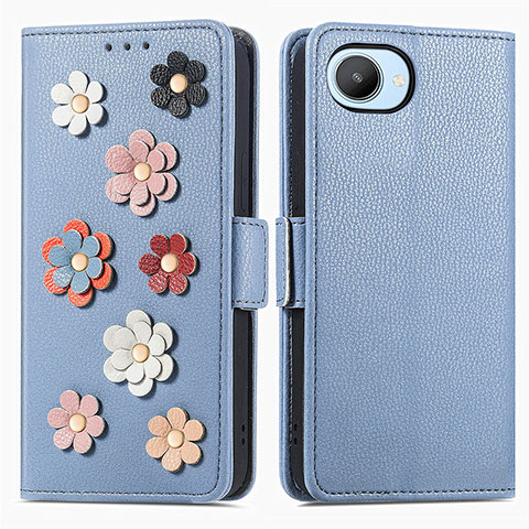 Funda de Cuero Cartera con Soporte Flores Carcasa S02D para Realme C30s Azul