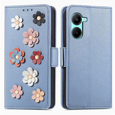 Funda de Cuero Cartera con Soporte Flores Carcasa S02D para Realme C33 (2023) Azul