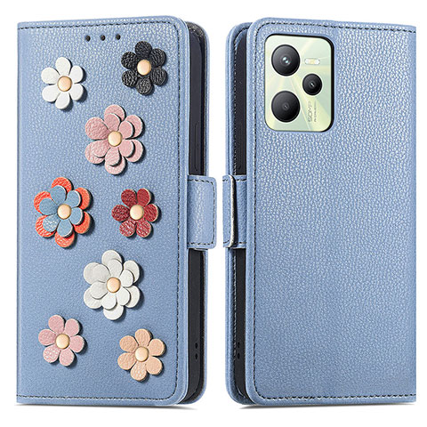 Funda de Cuero Cartera con Soporte Flores Carcasa S02D para Realme Narzo 50A Prime Azul