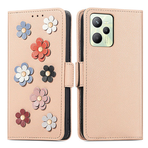 Funda de Cuero Cartera con Soporte Flores Carcasa S02D para Realme Narzo 50A Prime Caqui