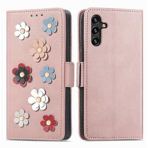 Funda de Cuero Cartera con Soporte Flores Carcasa S02D para Samsung Galaxy A04s Oro Rosa