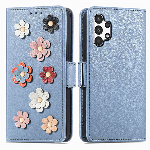 Funda de Cuero Cartera con Soporte Flores Carcasa S02D para Samsung Galaxy A13 4G Azul