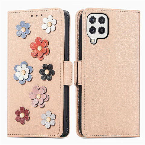 Funda de Cuero Cartera con Soporte Flores Carcasa S02D para Samsung Galaxy A22 4G Caqui