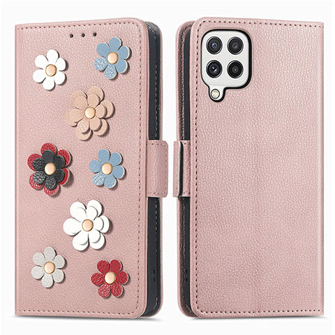 Funda de Cuero Cartera con Soporte Flores Carcasa S02D para Samsung Galaxy A22 4G Oro Rosa