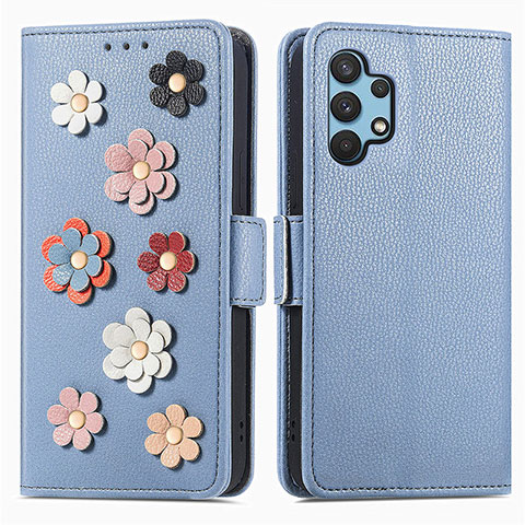 Funda de Cuero Cartera con Soporte Flores Carcasa S02D para Samsung Galaxy A32 5G Azul