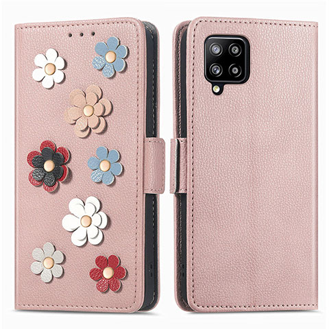 Funda de Cuero Cartera con Soporte Flores Carcasa S02D para Samsung Galaxy A42 5G Oro Rosa