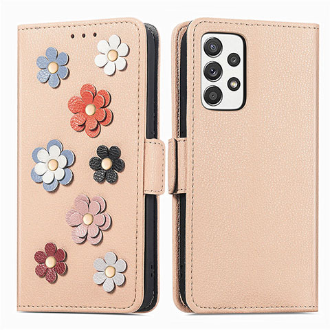 Funda de Cuero Cartera con Soporte Flores Carcasa S02D para Samsung Galaxy A52 4G Caqui