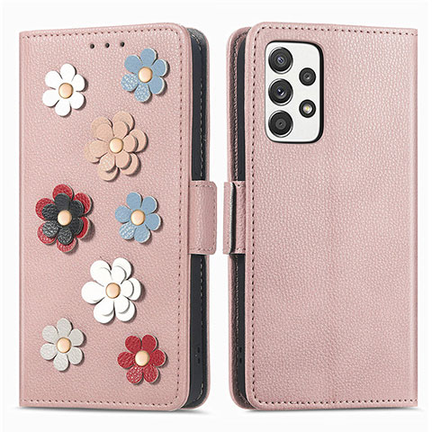 Funda de Cuero Cartera con Soporte Flores Carcasa S02D para Samsung Galaxy A52 5G Oro Rosa